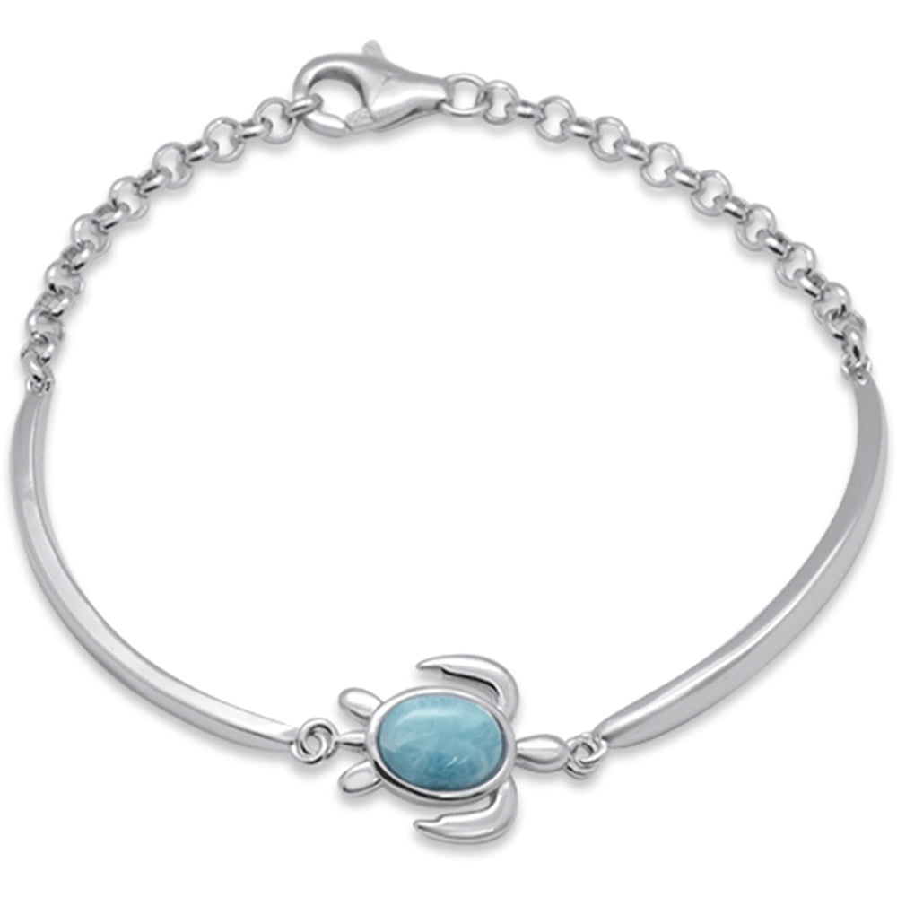 Oval Shaped Natural Larimar Turtle .925 Sterling Silver BRACELET