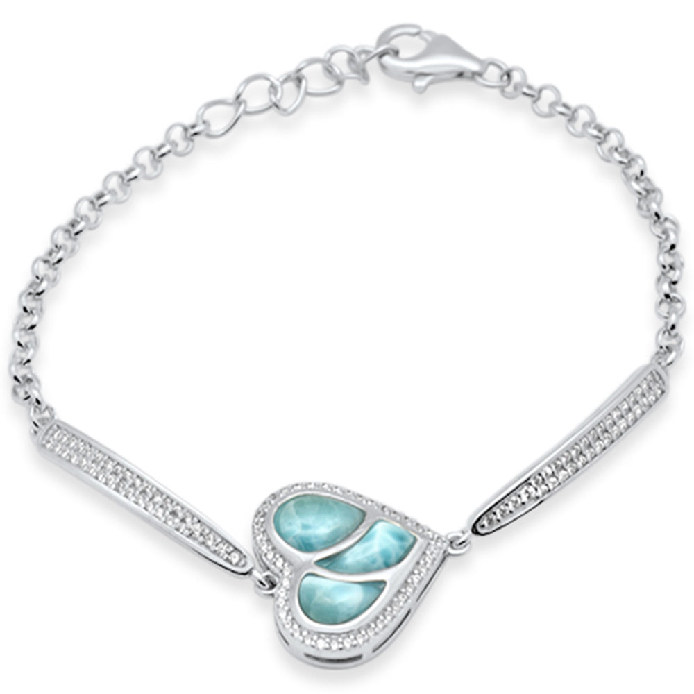 Heart Shaped Natural Larimar & CZ .925 Sterling Silver BRACELET