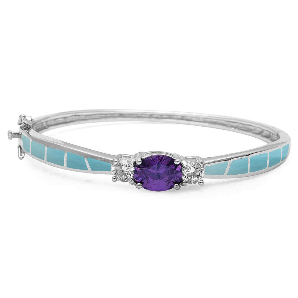 ''Natural Larimar, amethyst, & Cz .925 Sterling Silver Bangle BRACELETs''