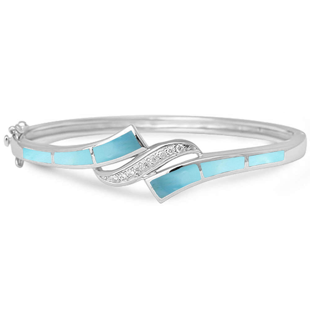 Natural Larimar & Cz .925 STERLING SILVER Bangle Bracelet