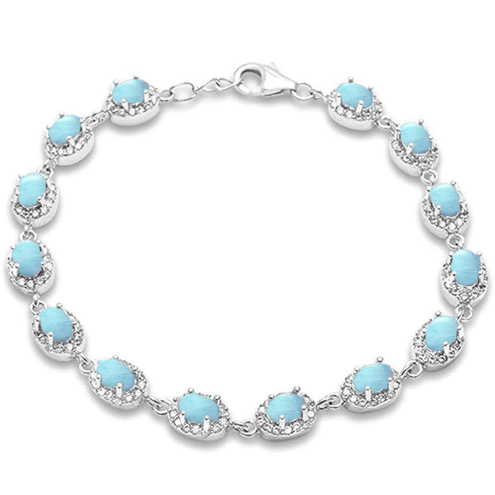 Oval Natural Larimar & Cubic Zirconia .925 STERLING SILVER Bracelet