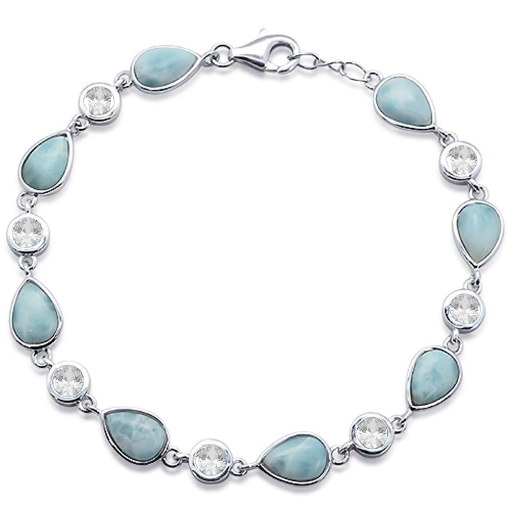 ''Pear Natural Larimar & Cubic Zirconia .925 Sterling Silver BRACELET 7'''' Long''