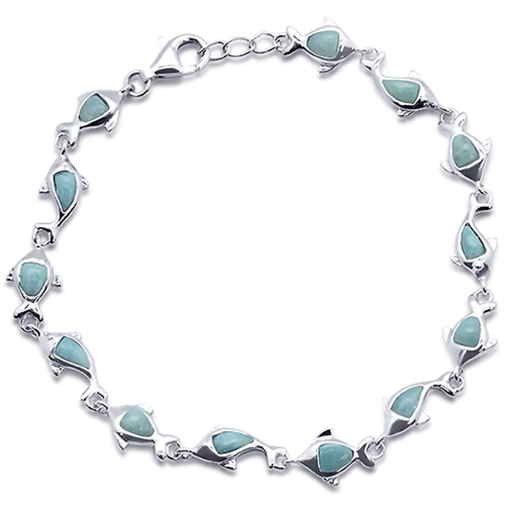 ''Natural Larimar Dolphin CHARM  .925 Sterling Silver Bracelet 7.5'''' to 8'''' Long''