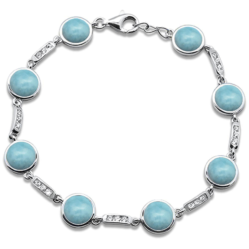 ''Round Natural Larimar & Cubic Zirconia  .925 Sterling Silver BRACELET 7'''' Long''