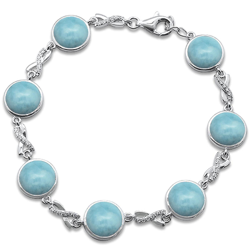 ''Round Natural Larimar Infinity Cubic Zirconia Design .925 Sterling Silver BRACELET 7'''' Long''