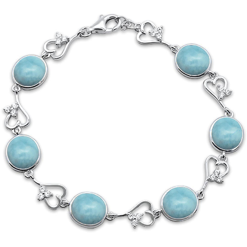 ''Oval Natural Larimar Heart shape Cubic Zirconia .925 Sterling Silver BRACELET 7'''' Long''