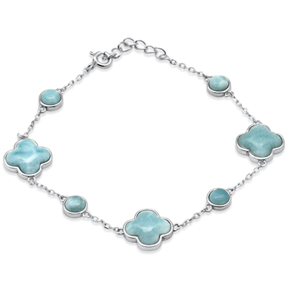 ''Natural Larimar Clover FLOWER .925 Sterling Silver Bracelet 6 + 1'''' Ext''