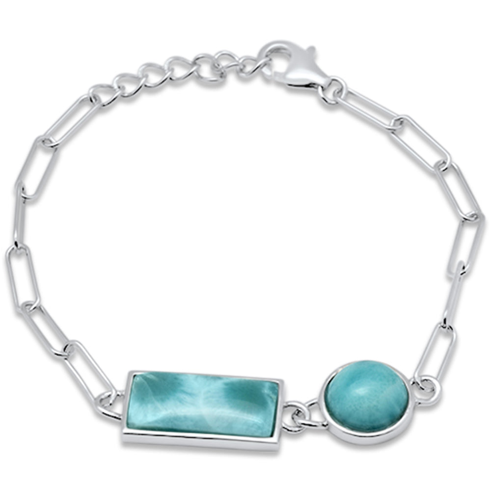 ''Round & Rectangle Natural Larimar .925 Sterling Silver BRACELET 6.5'''' + 1'''' Adjustable''