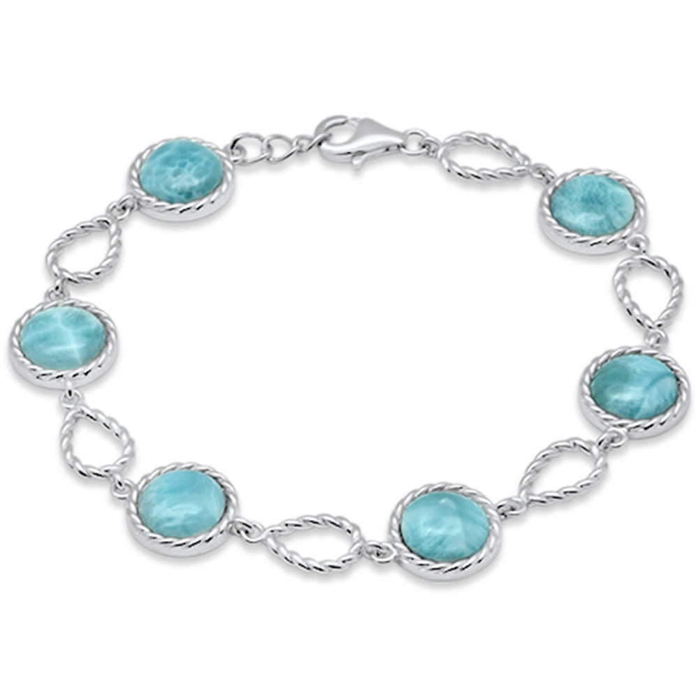 ''Round Natural Larimar Twisted .925 Sterling Silver BRACELET 8'''' Adjustable''