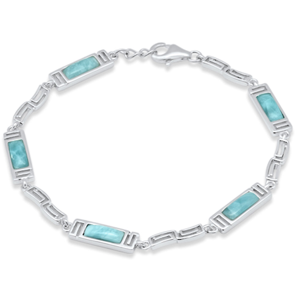 ''Rectangle Natural Larimar Greek Design .925 STERLING SILVER Bracelet 7.5'''' Adjustable''