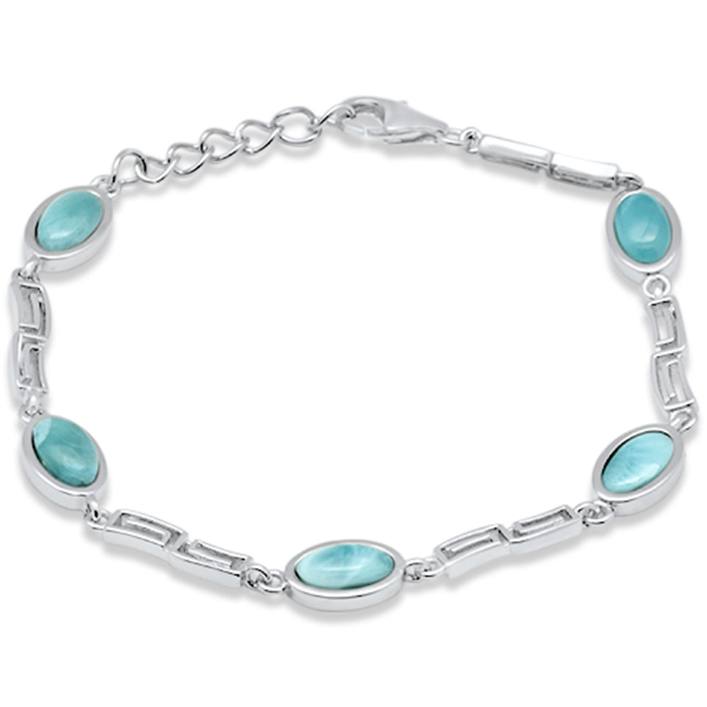 ''Oval Shape Natural Larimar Greek Design .925 Sterling Silver BRACELET 7.5'''' Adjustable''