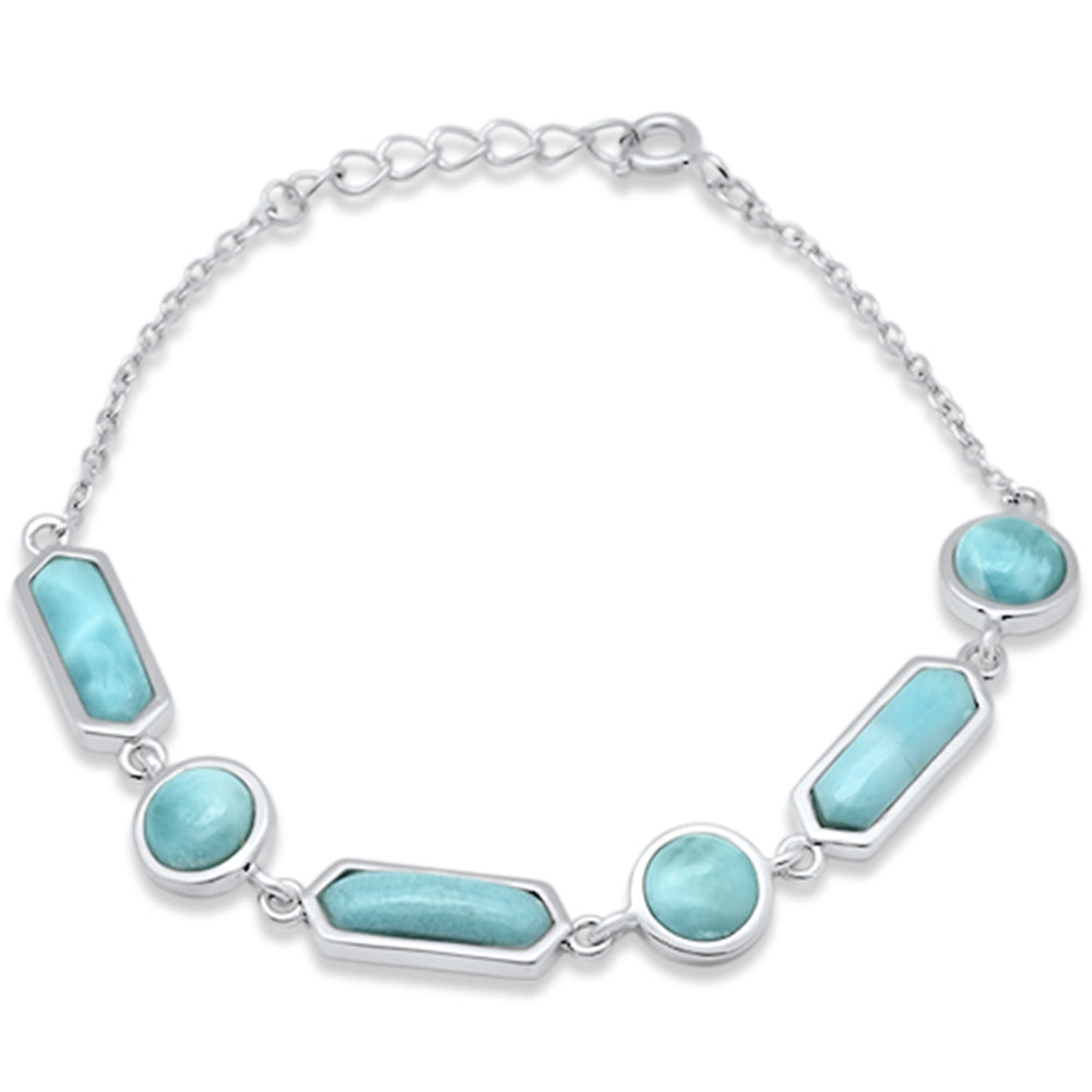 ''Natural Larimar Round & Oval Pattern .925 Sterling Silver BRACELET 6'''' + 1'''' Adjustable''