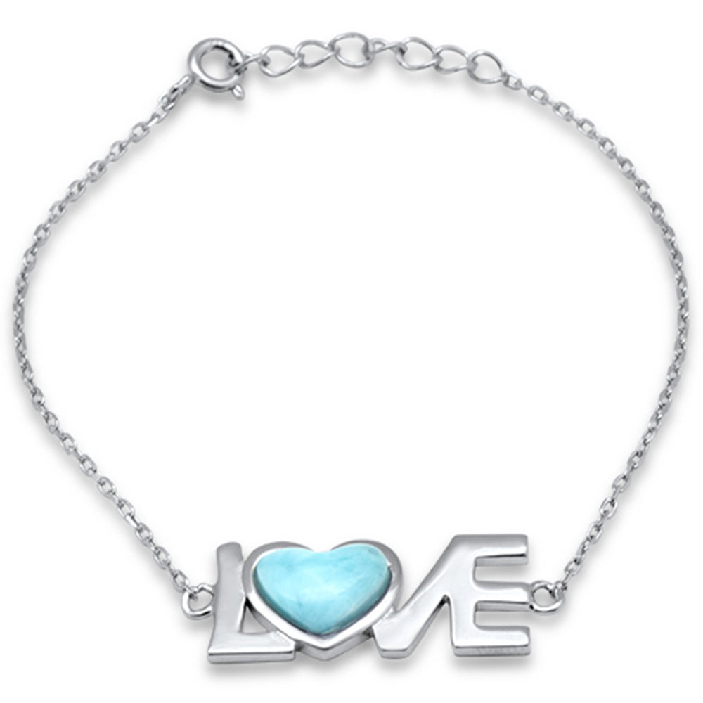 ''Heart Shaped Natural Larimar (LOVE) .925 Sterling Silver BRACELET 6'''' + 1'''' Adjustable''