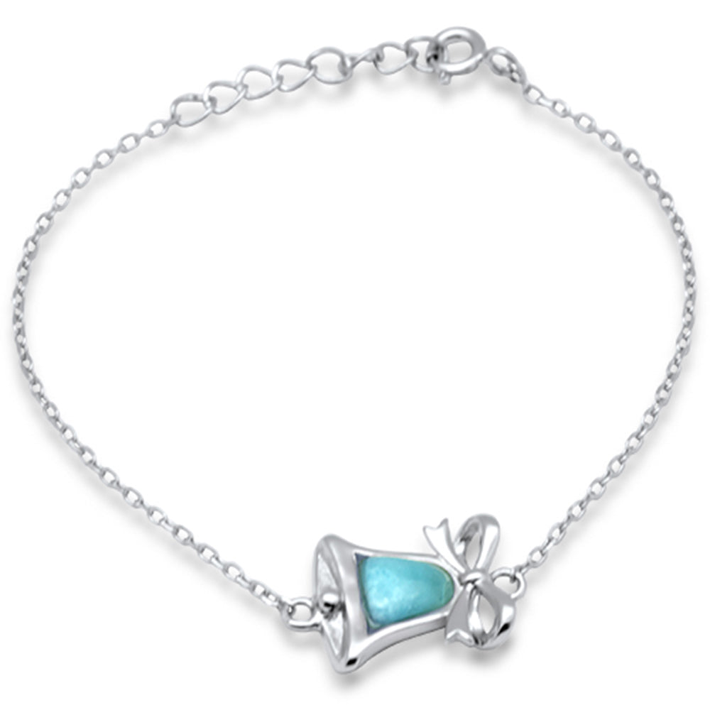 ''Natural Larimar Bell with Ribbon .925 Sterling Silver BRACELET 5.5'''' + 1'''' Adjustable''