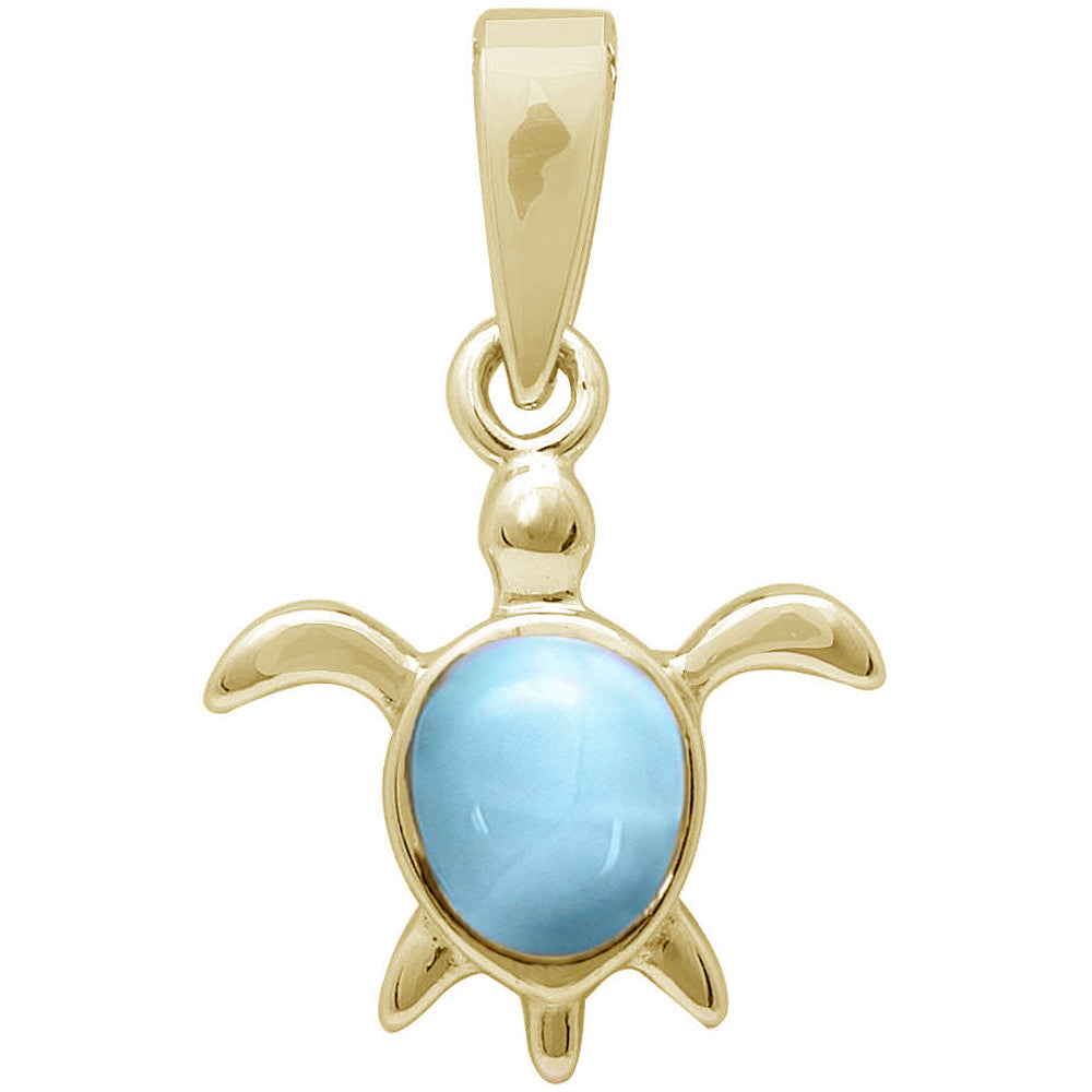 Yellow GOLD Plated Natural Larimar Turtle .925 Sterling Silver Charm Pendant