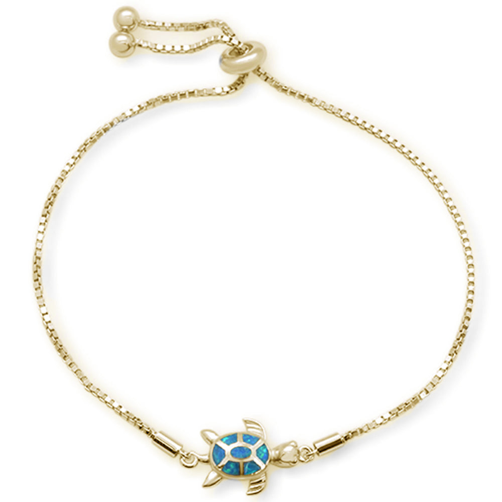 ''Yellow Gold Plated Blue Opal Turtle .925 Sterling Silver BRAcelet  7-9'''' Adjustable Toggle Bola BRA