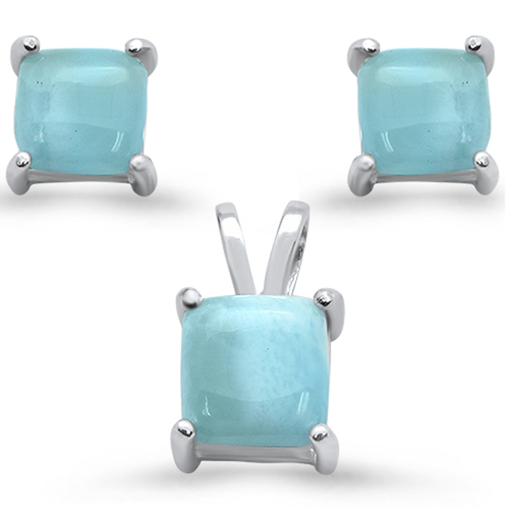 Natural Larimar Princess Cut EARRING & Pendant .925 Sterling Silver Set