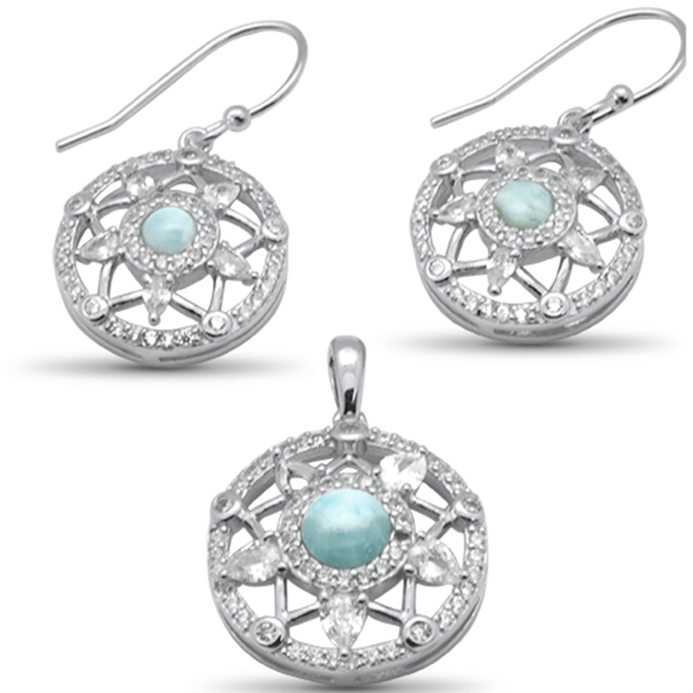 Round Shaped Star Natural Larimar & CZ .925 Sterling Silver EARRING & Pendant Set