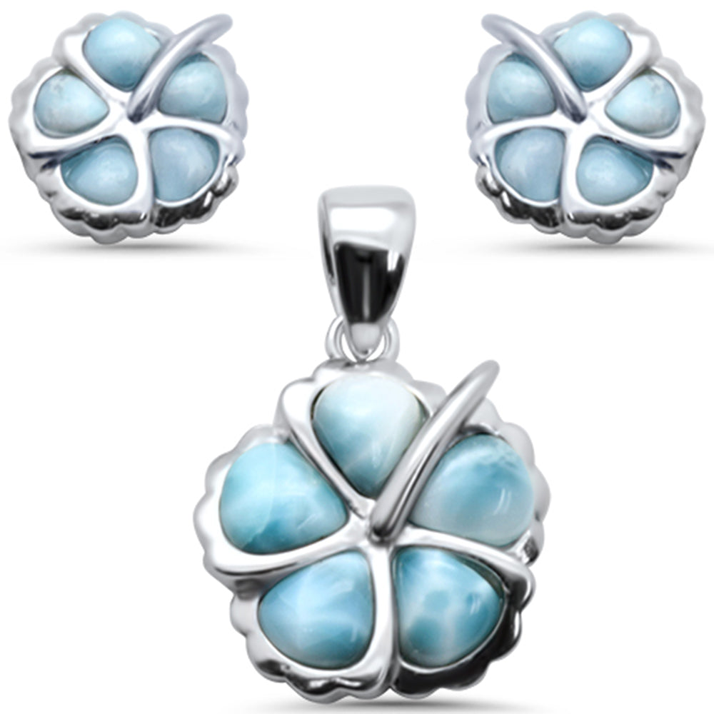 Plumeria Natural Larimar .925 Sterling Silver EARRING & Pendant Set