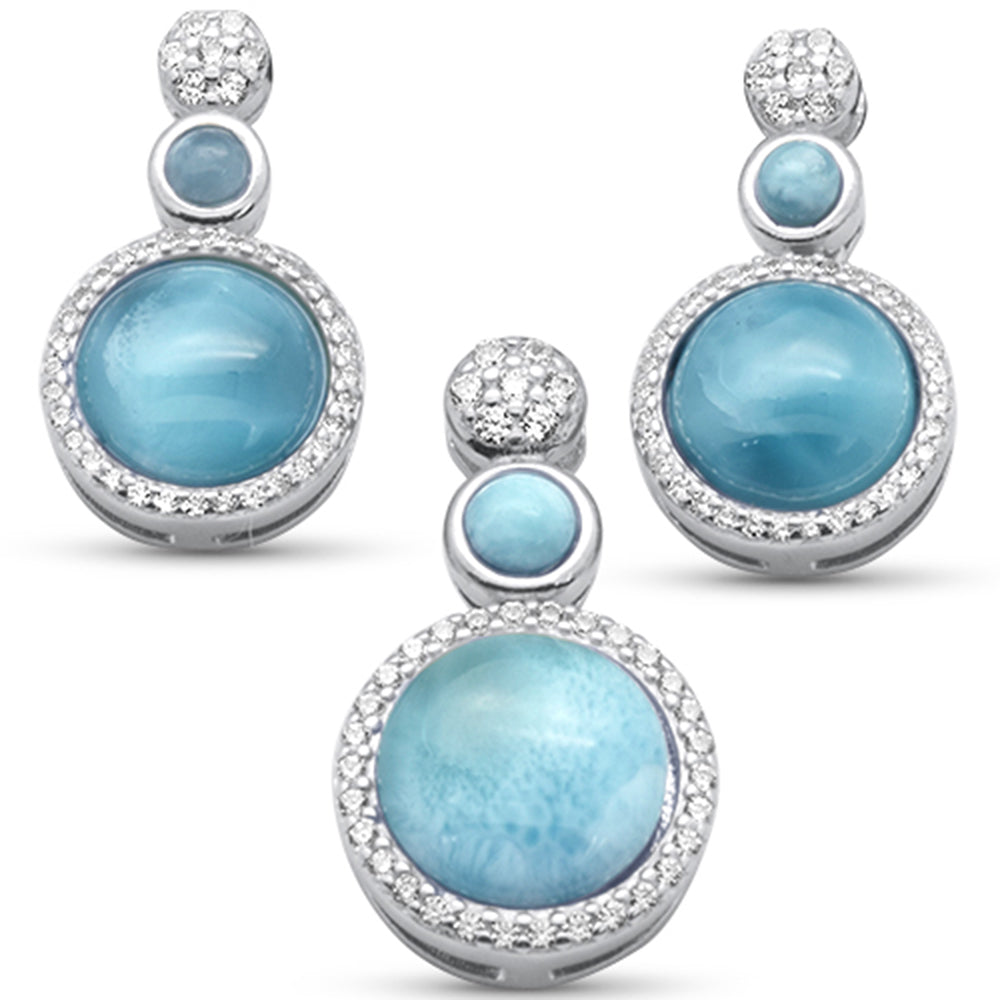 Round Natural Larimar & Cz Earring & Pendant .925 STERLING SILVER Set