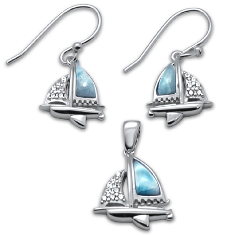 Natural Larimar & CZ Boat .925 Sterling Silver PENDANT & Earring Set