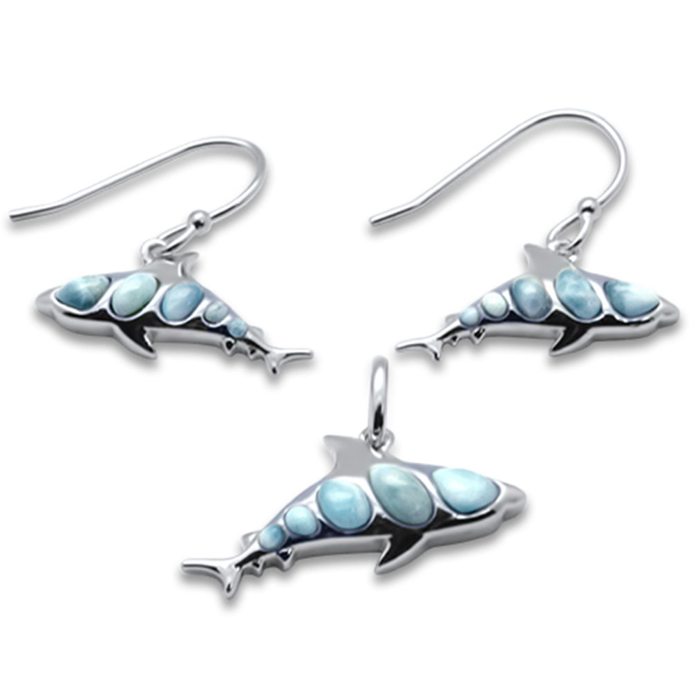 Natural Larimar Shark .925 Sterling Silver Pendant & EARRING Set