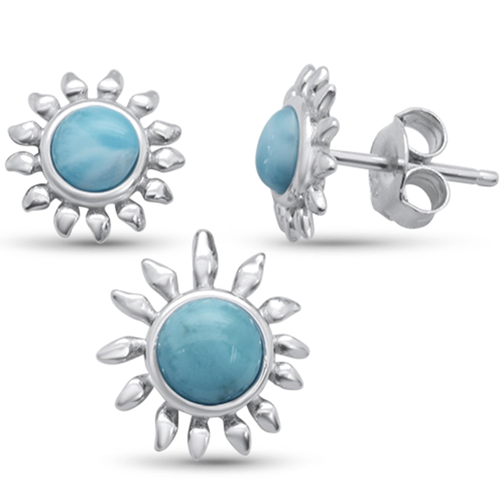 Round Natural Larimar Sunflower Earring & PENDANT .925 Sterling Silver Set