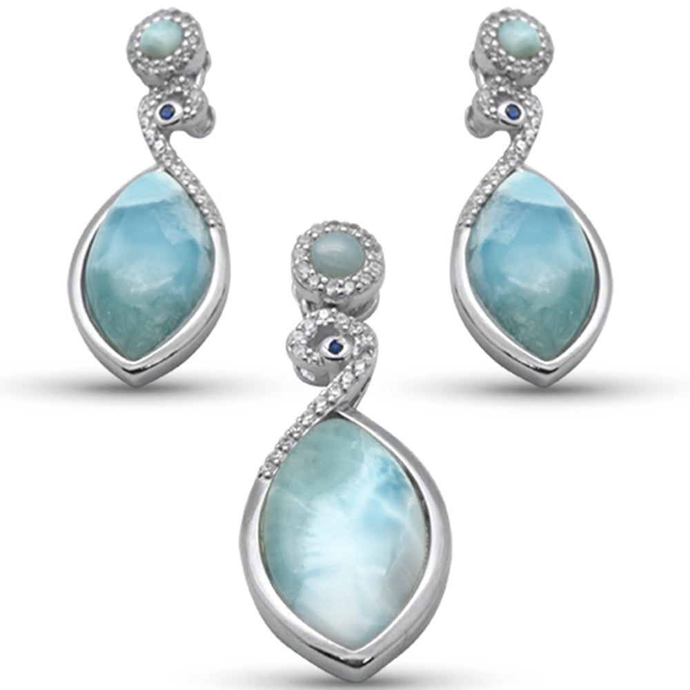 ''Natural Larimar, CZ & Blue Sapphire .925 Sterling Silver EARRING & Pendant Set''