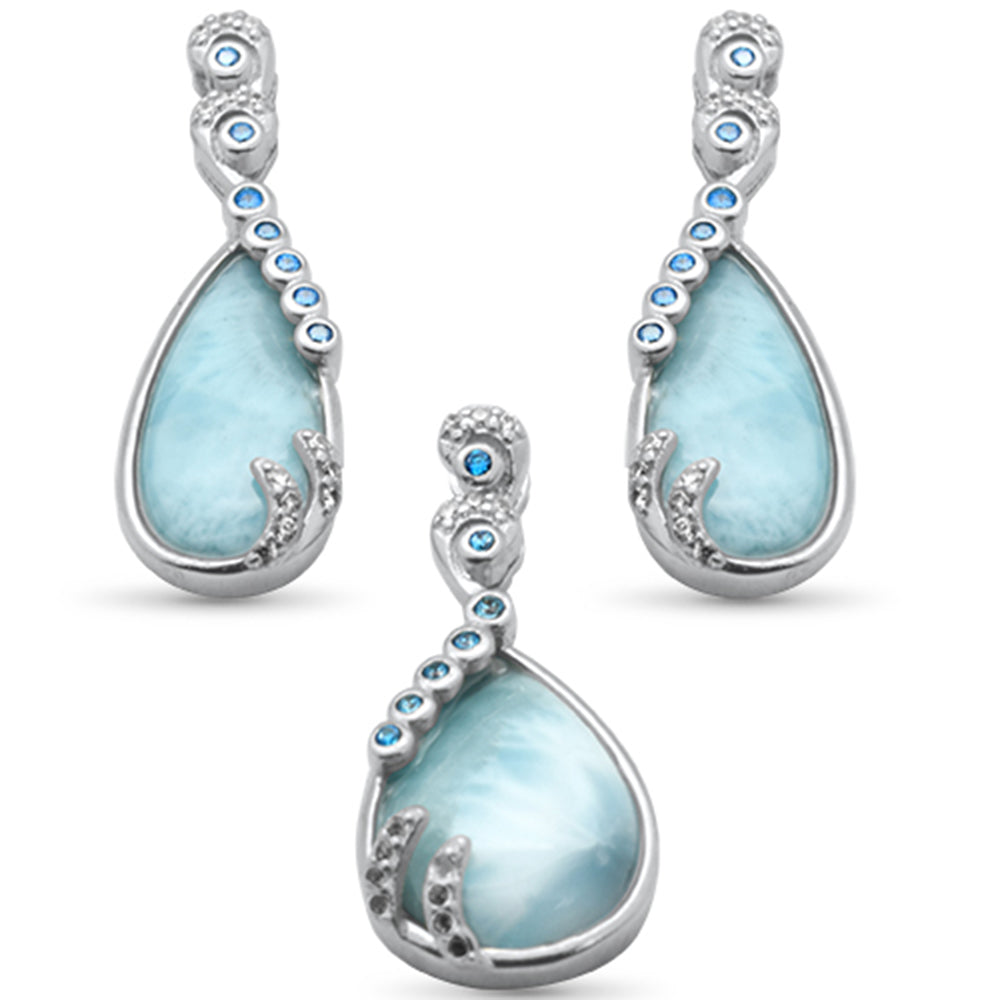 ''Pear Shaped Natural Larimar, Blue Topaz & CZ .925 Sterling Silver Earring & PENDANT Set''