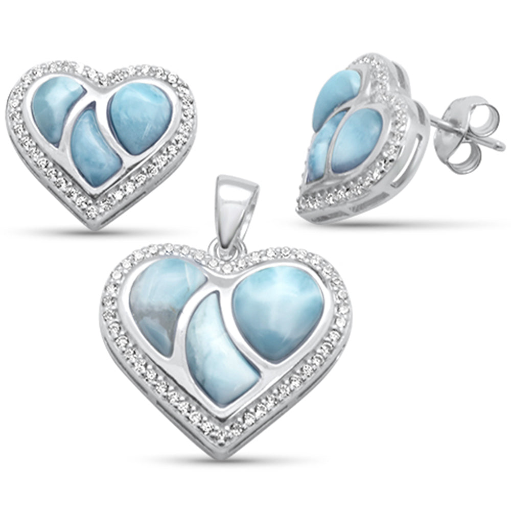 Natural Larimar & Cz Heart Earring & PENDANT .925 Sterling Silver Set