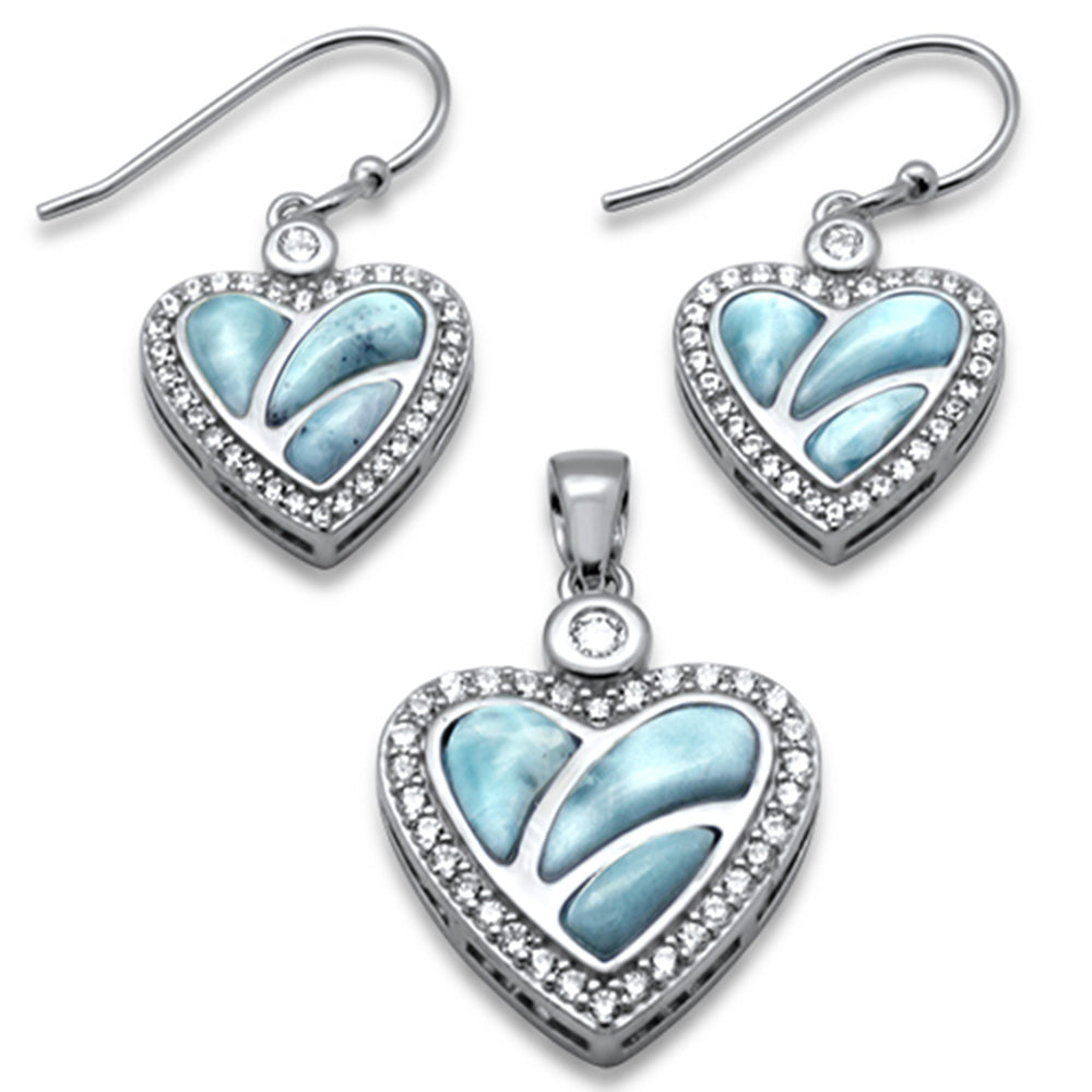 Natural Larimar & CZ Heart .925 Sterling Silver Pendant & EARRING Set