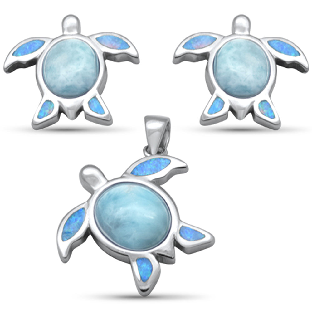 Turtle Natural Larimar & Blue Opal .925 Sterling Silver EARRING & Pendant Set