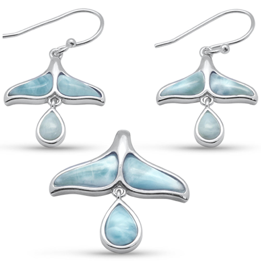 Whale Tail & Pear Shaped Natural Larimar .925 Sterling Silver EARRING & Pendant Set