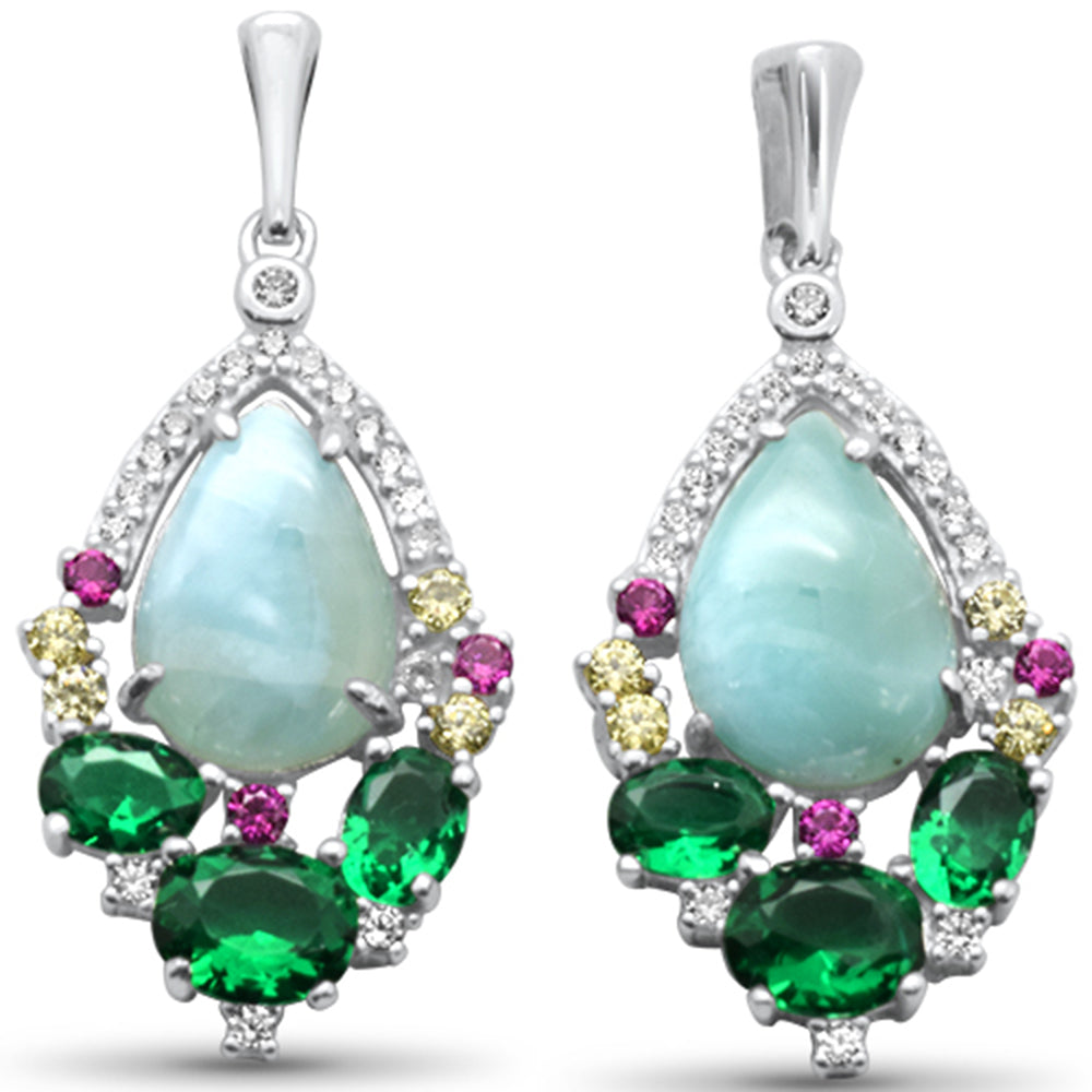 ''Pear Shaped Natural Larimar, Emerald, Multi Color & White CZ .925 STERLING SILVER Earrings''