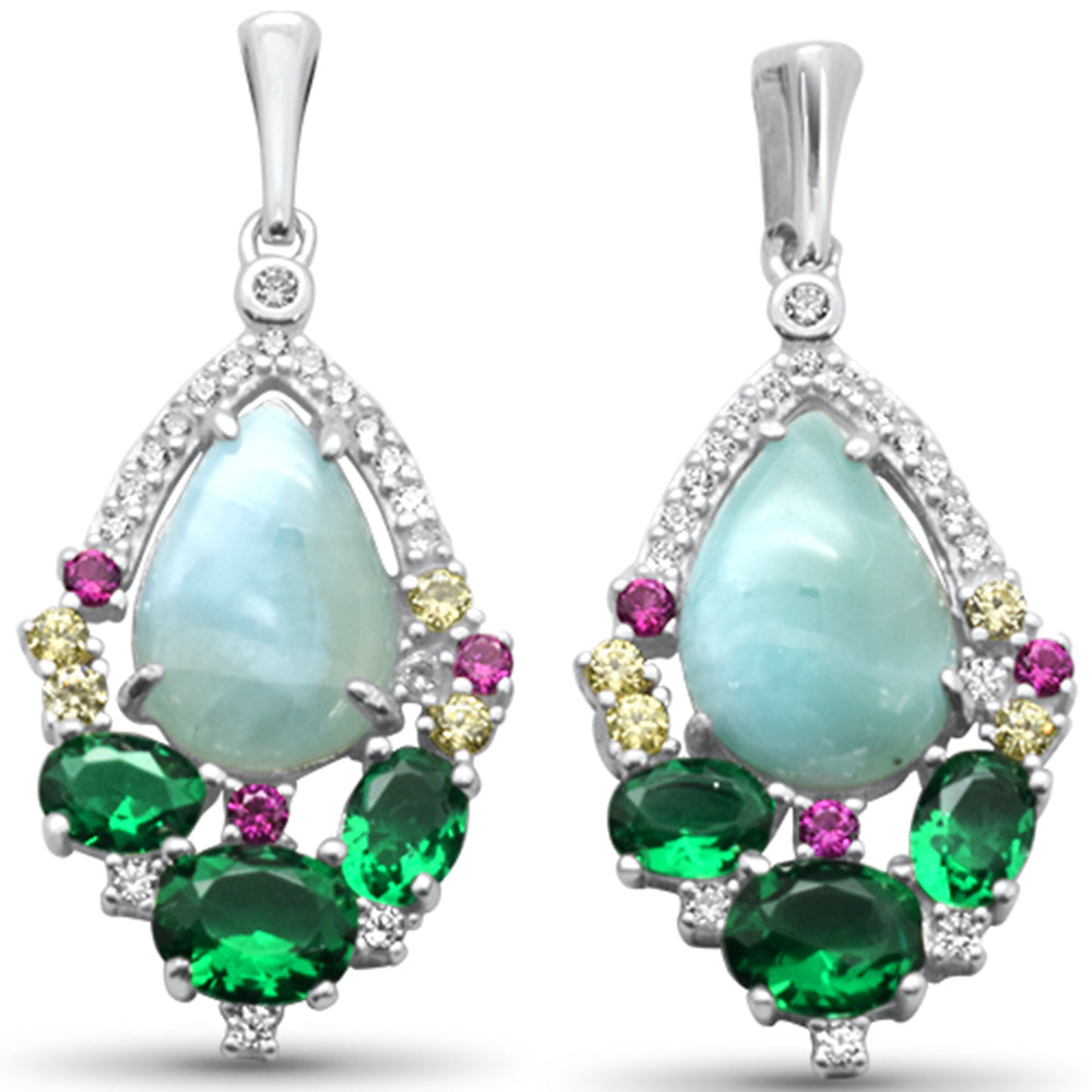 ''Pear Shaped Natural Larimar, Emerald, Multi Color & White CZ .925 Sterling Silver EARRINGS''