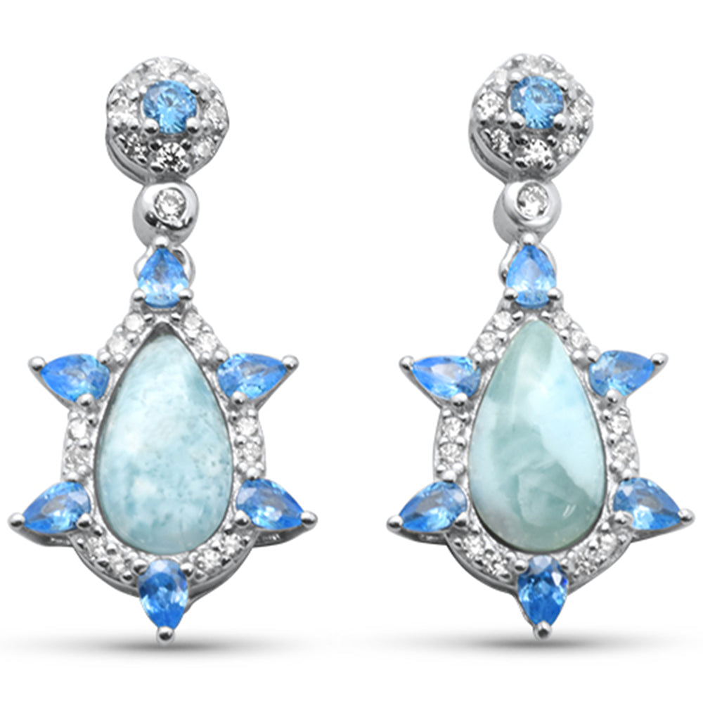 ''Pear Shaped Natural Larimar, Blue Topaz & CZ .925 Sterling Silver EARRINGS''