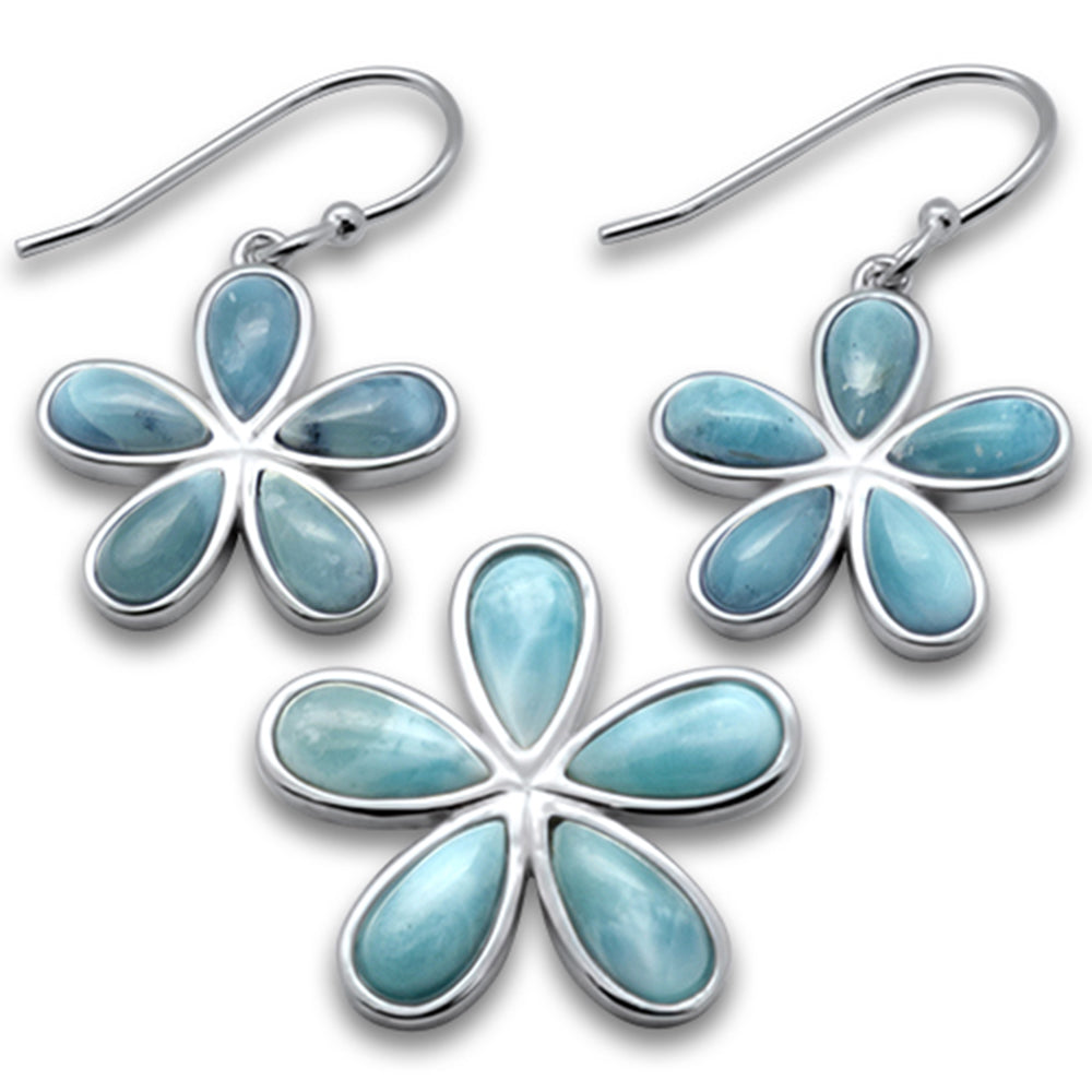 Natural Larimar Flower .925 Sterling Silver Pendant & EARRING Set