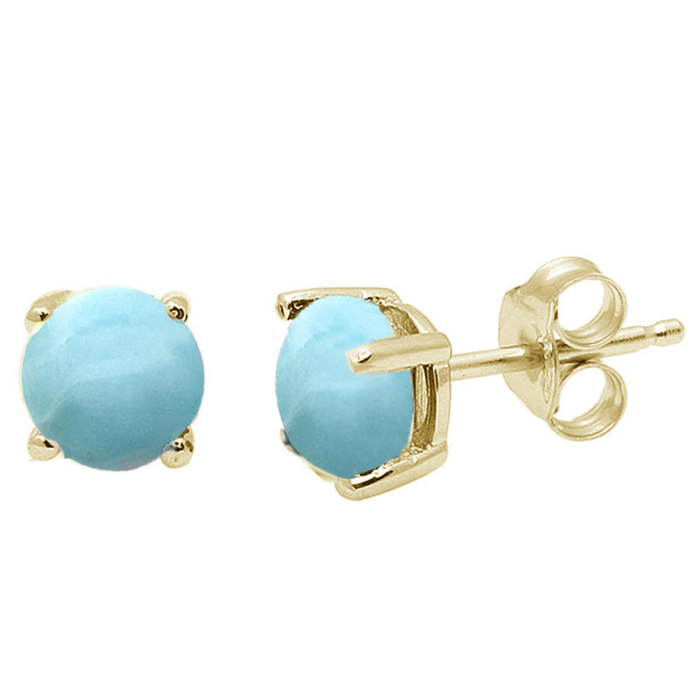 Yellow Gold Plated Round Natural Larimar STUD .925 Sterling Silver EARRINGS