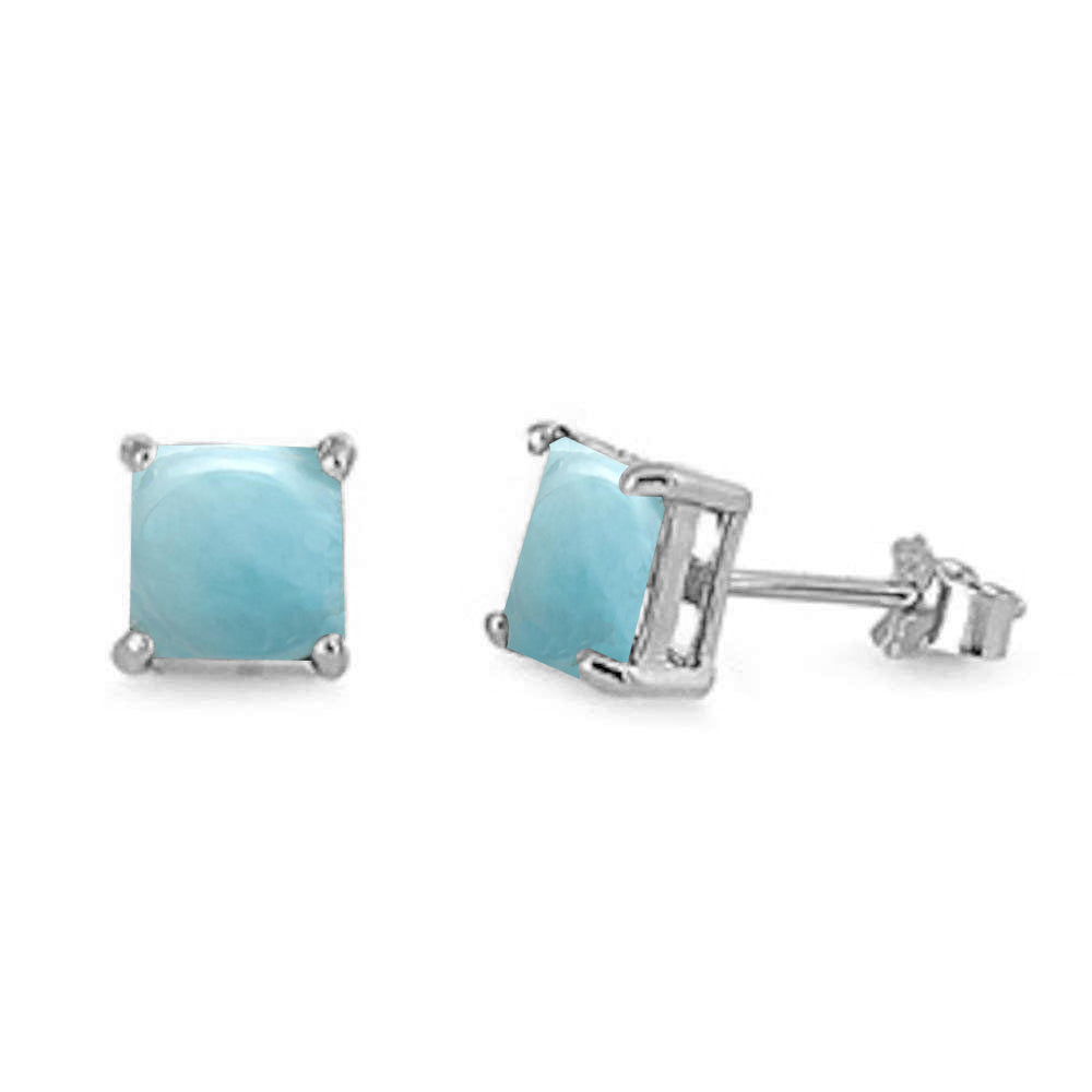 Princess Cut Natural Larimar Stud .925 Sterling Silver EARRINGS