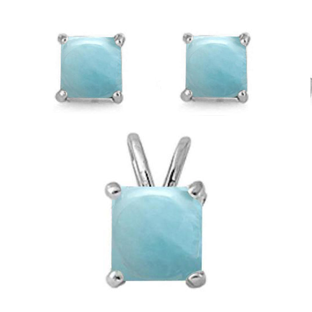 Princess Cut Natural Larimar .925 STERLING SILVER Earring & Pendant Set