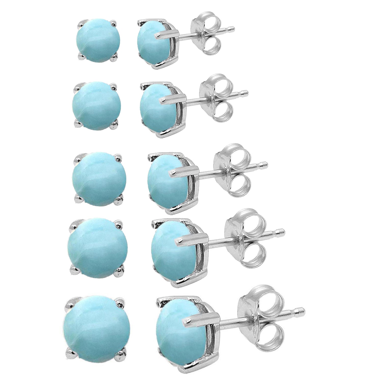 Round Natural Larimar Stud .925 STERLING SILVER Earrings 3MM-10MM Available