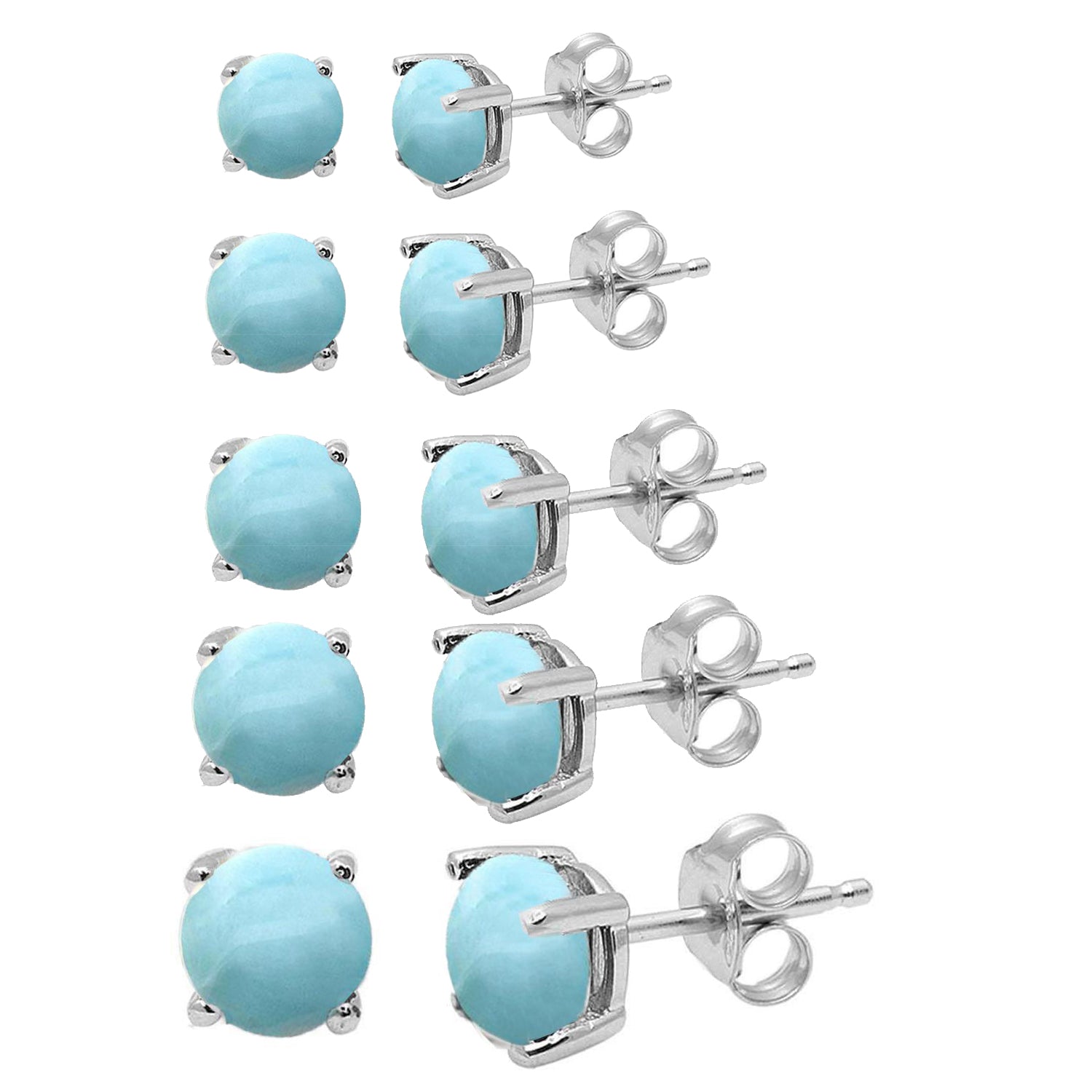 Round Natural Larimar Stud .925 Sterling Silver EARRINGS 3MM-10MM Available