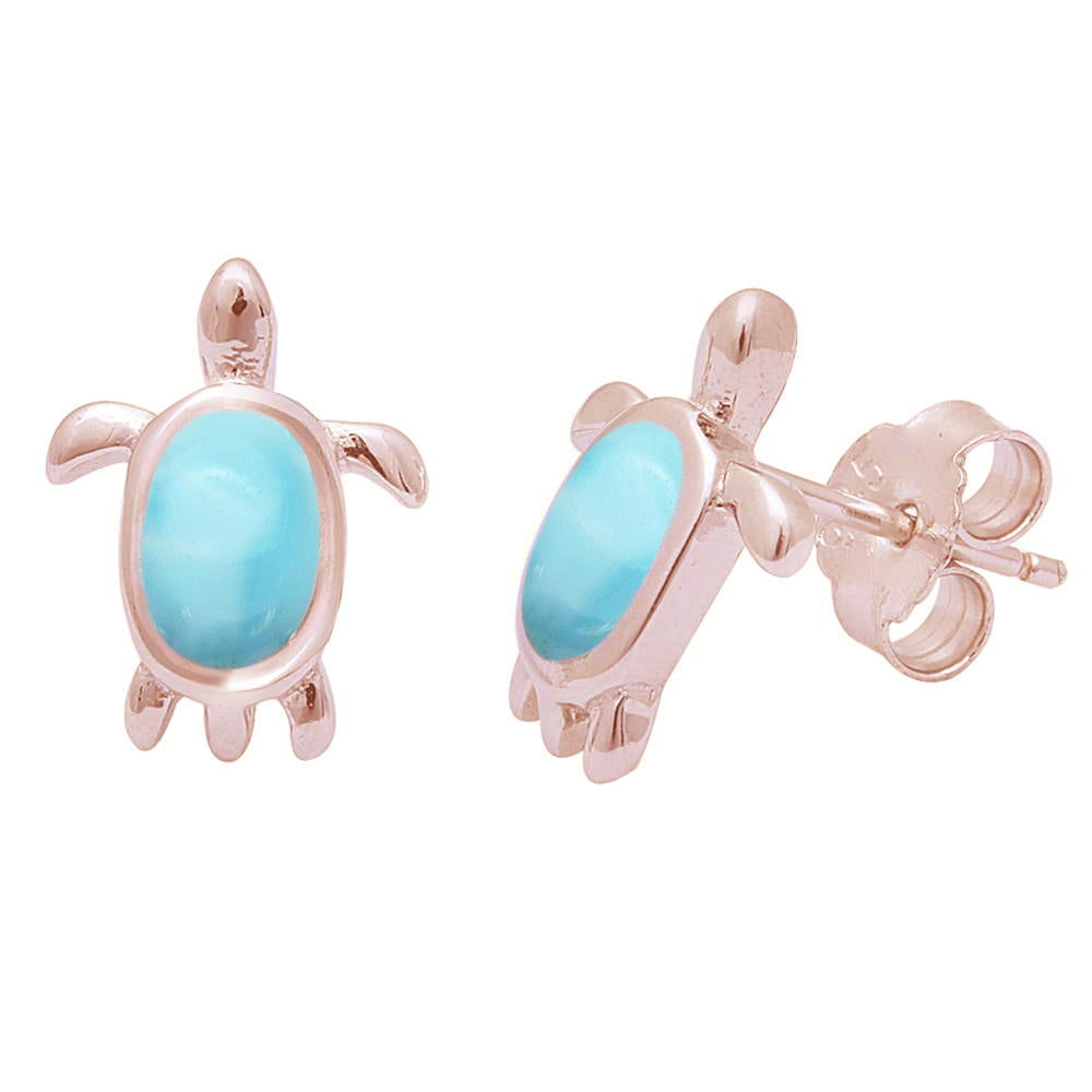 Rose GOLD Plated Natural Larimar Turtle .925 Sterling Silver Earrings