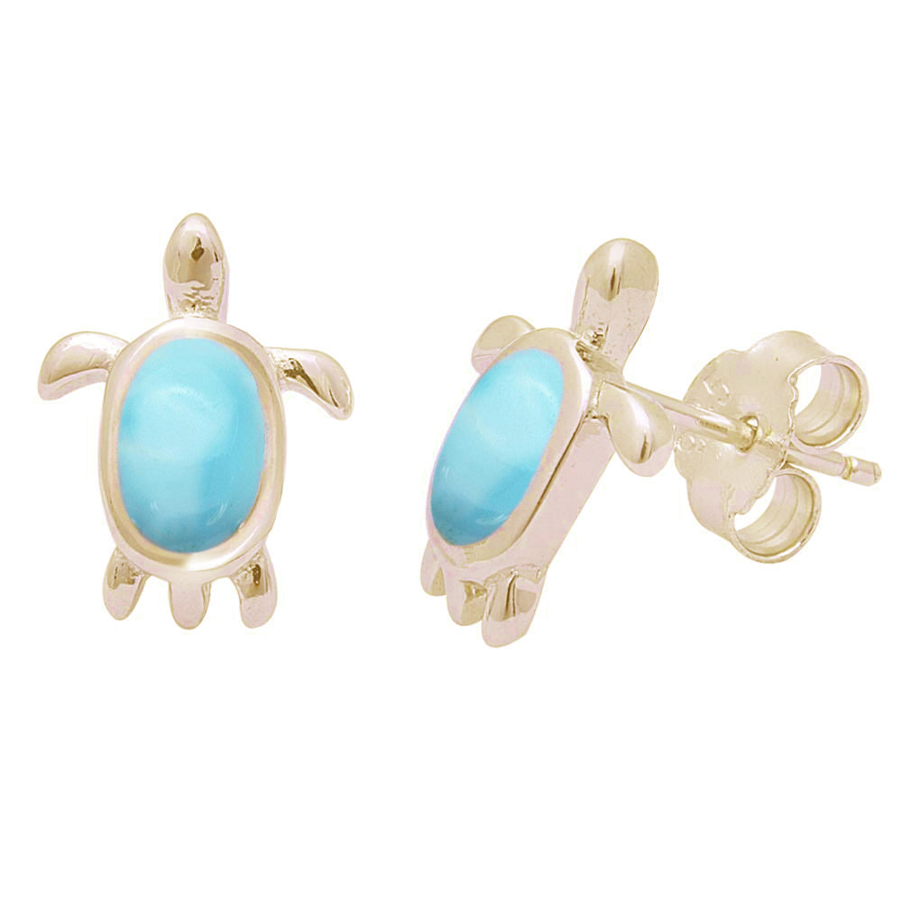 Yellow GOLD Plated Natural Larimar Turtle .925 Sterling Silver Earrings