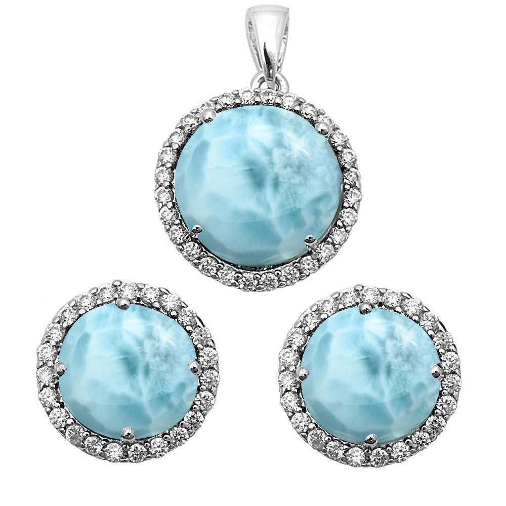 Halo Natural Larimar CUBIC ZIRCONIA .925 Sterling Silver Earrings & Pendant Set