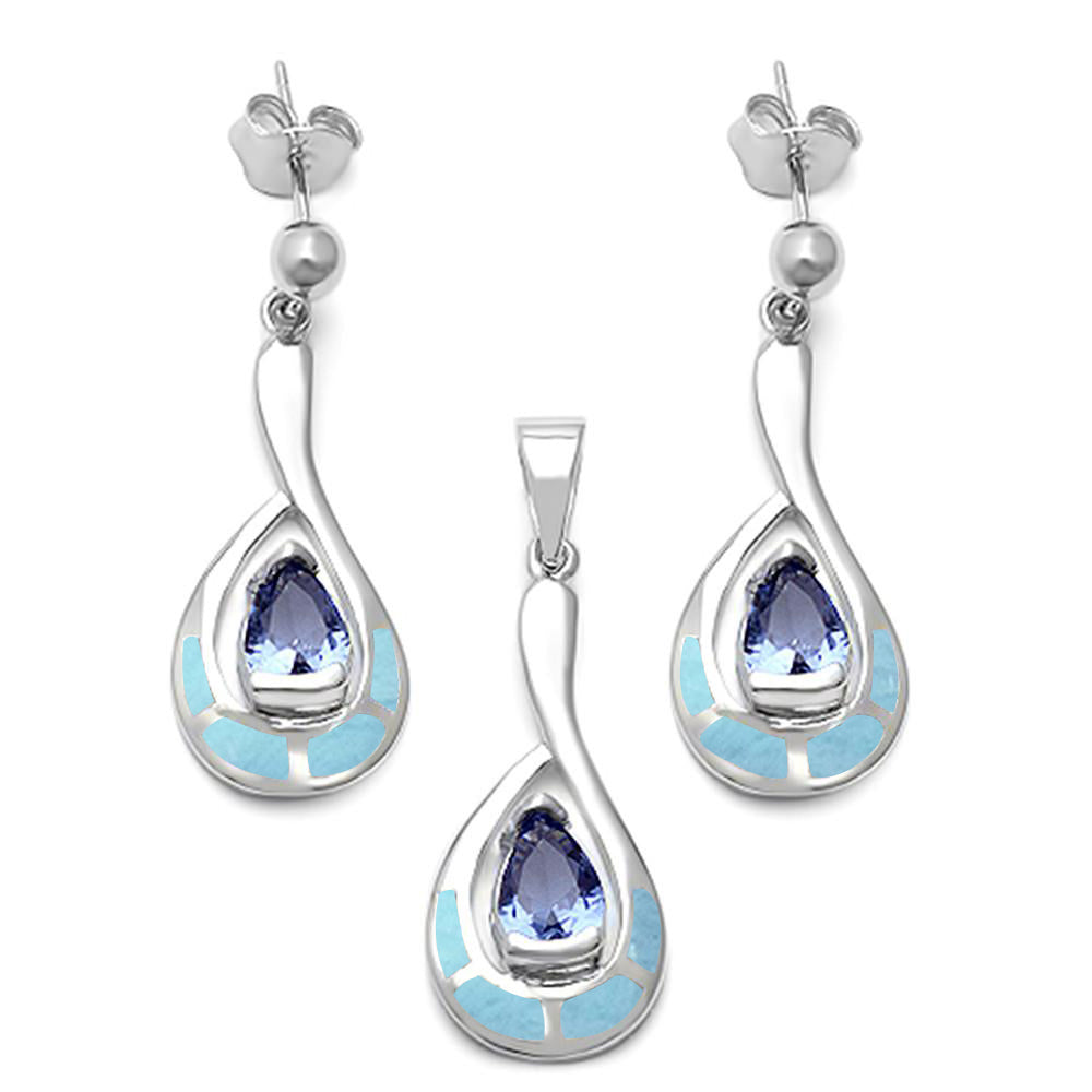 Natural Larimar & Tanzanite .925 Sterling Silver EARRING & Pendant Set