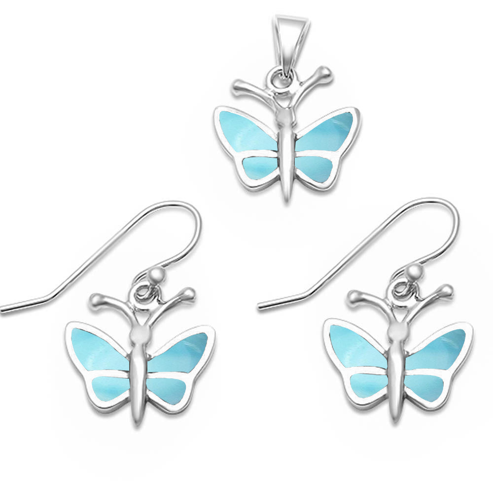 Natural Larimar Butterfly .925 Sterling Silver PENDANT & Earrings Set