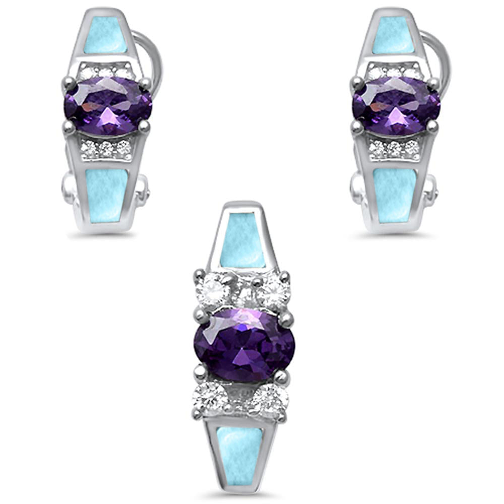 ''Natural Larimar, Amethyst & Cz Earring & PENDANT .925 Sterling Silver Set''