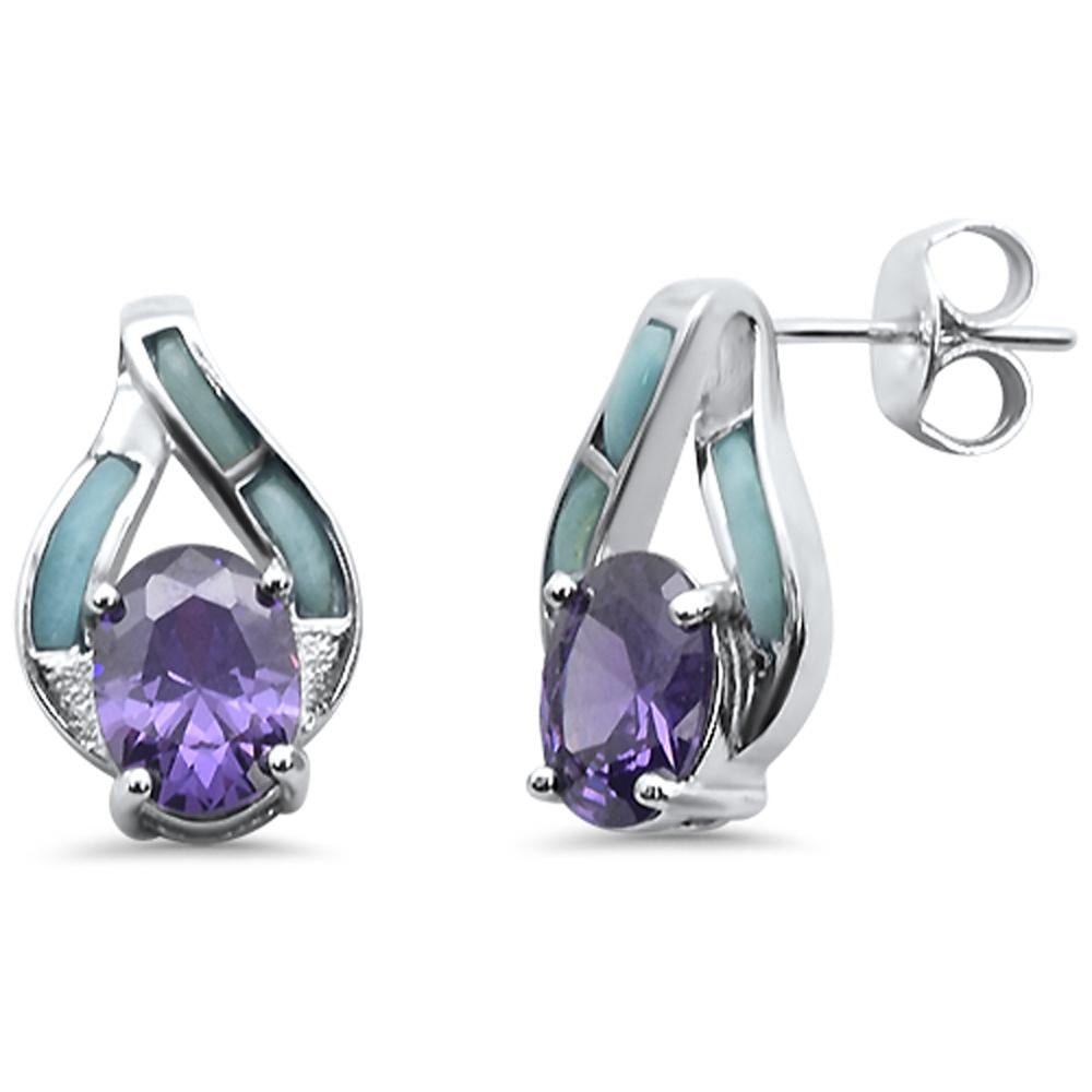 Elegant Oval Larimar & Amethyst .925 Sterling Silver EARRINGS