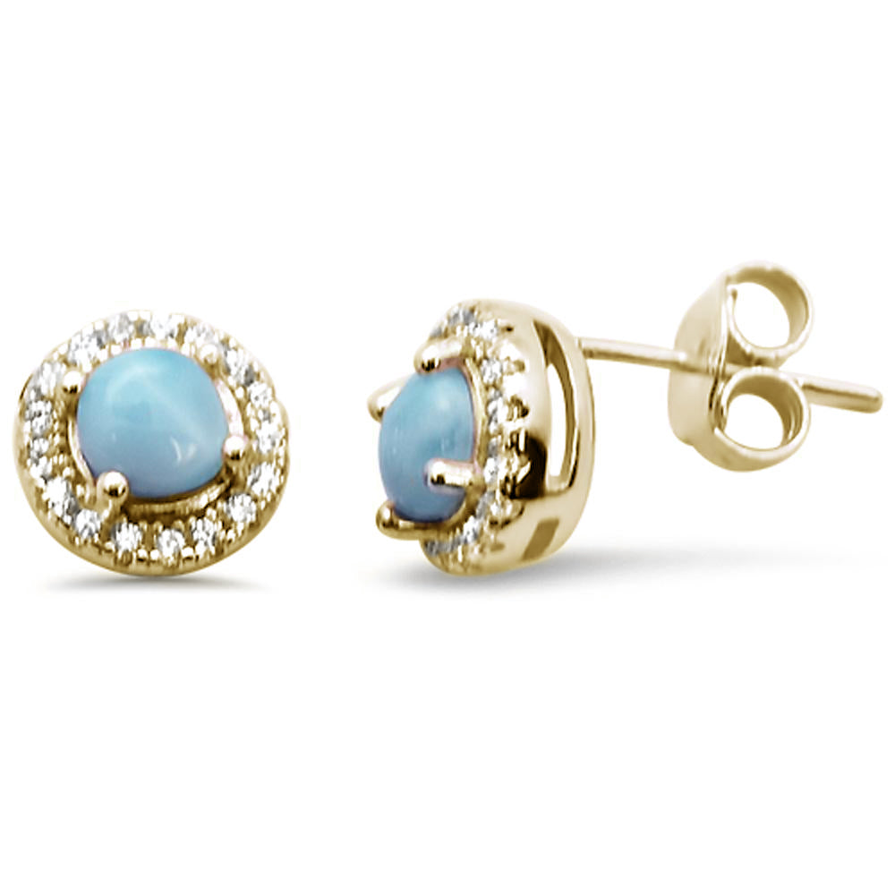 Yellow GOLD Plated Halo Round Natural Larimar .925 Sterling Silver Earrings